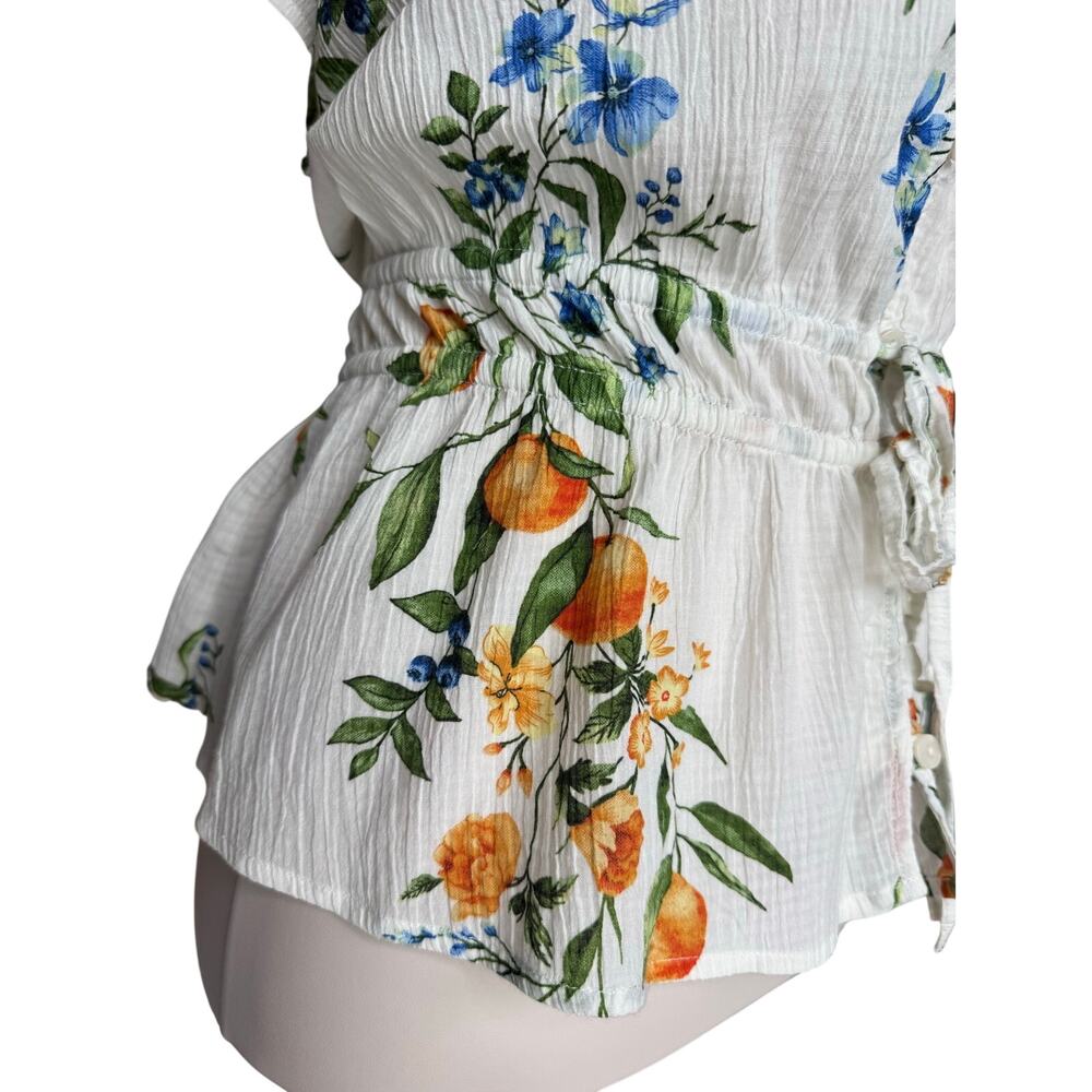 Time and Tru Citrus Floral Peplum Blouse White Blue Flowers Oranges Large - Picture 3 of 6